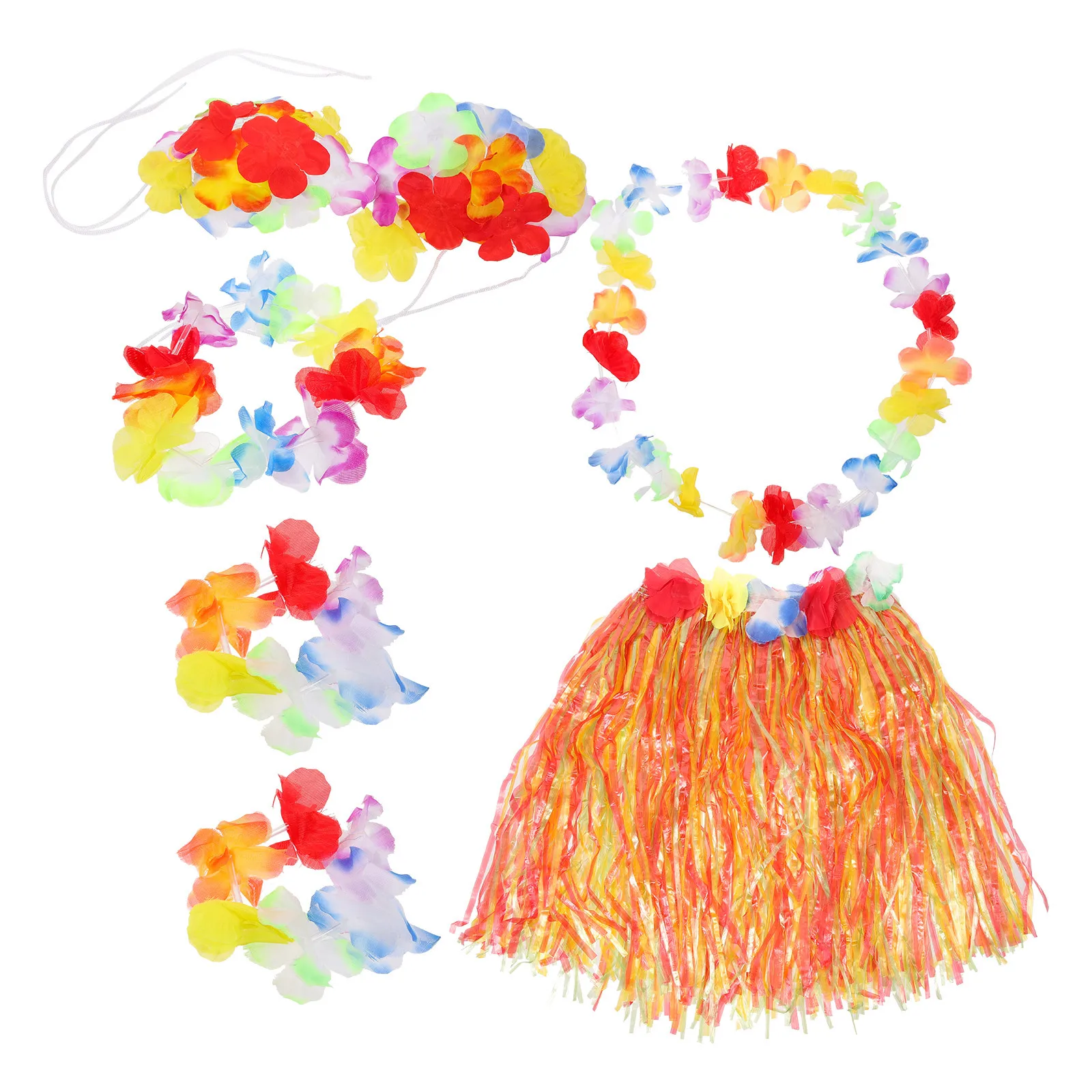 Conjunto de saia de grama havaiana tropical hula, 6 peças, sutiã floral infantil, colar, pulseiras para festa, dança luau, saia de grama havaiana