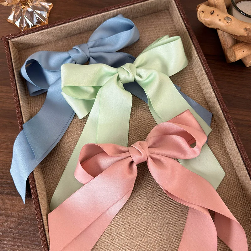 2024 Korean Dopamine Style Mint Green Large Bow Ribbon Hair Clips fashion bowknot Tassels Hair Accessories Headwear 1pc