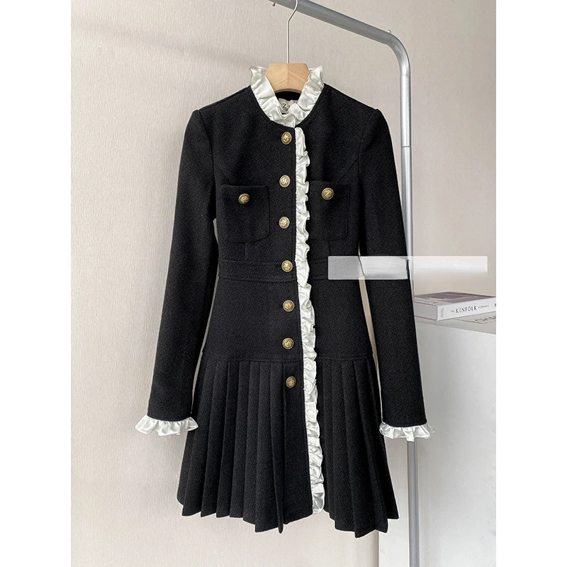 

Women French Elegant Black Pleated Dress New High Quality Stitching Fashion Small Fragrance Slim Lady Short Dress Autumn Winter