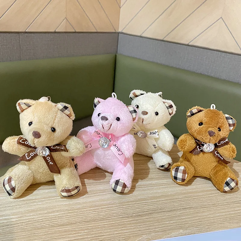 

10CM Cartoon Cute Diamond Plaid Bow Tie Bear Doll Toy Backpack Keychain Charm Plush Doll Charm Children's School Bag Accessories