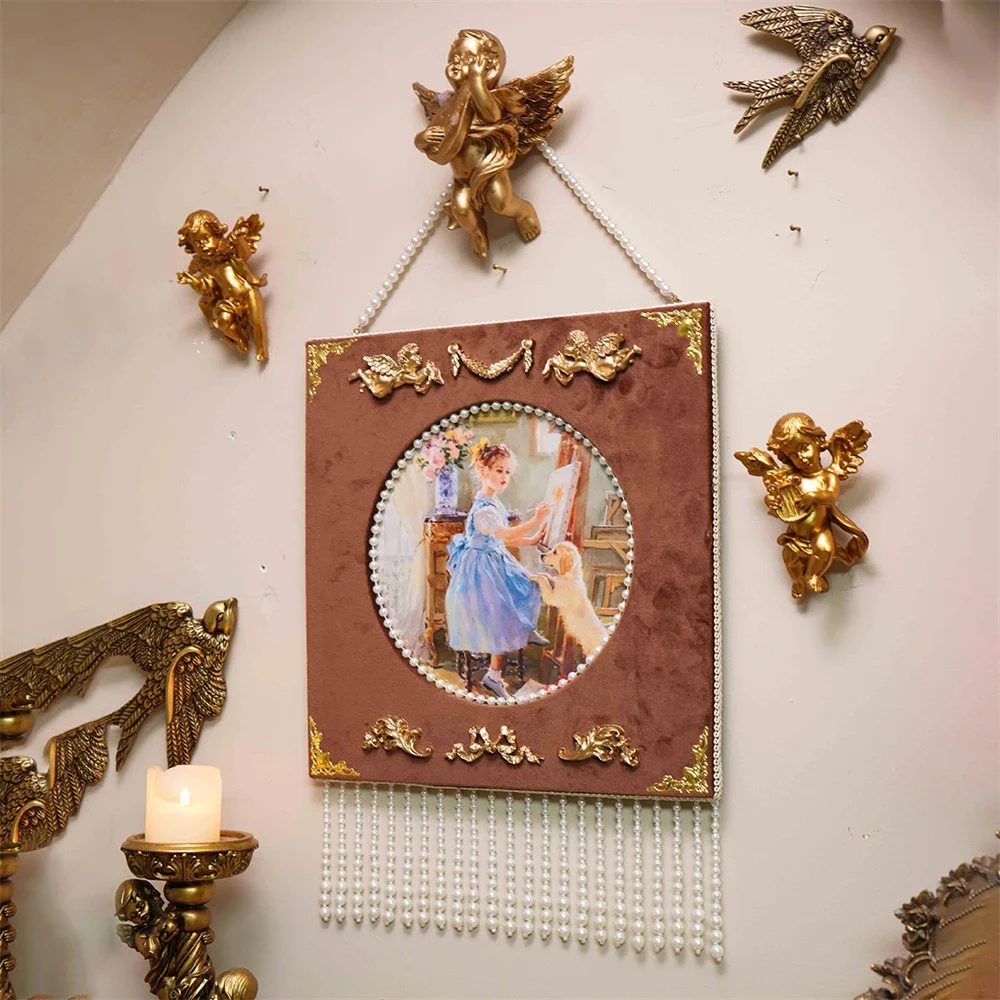 Light Luxury Palace Style Brown Velvet Relief Frame Wall Hanging Homestay Decoration European Angel Swallow Bow Home Decoration