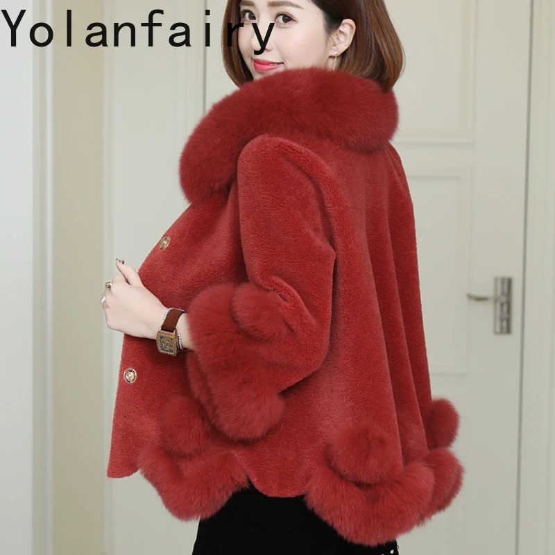 YOLANFAIRY Real Wool Clothes for Women Fur Outwears Womens Korean Fashion Winter Shearling Coat Short Fox Collar Coats New