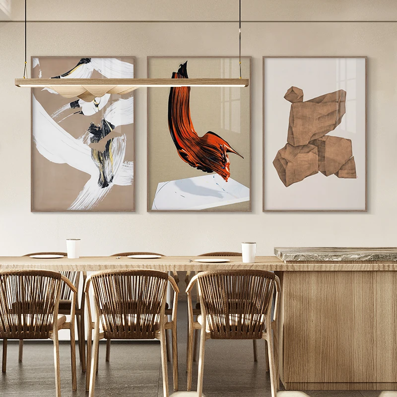 Modern Abstract Canvas Poster Set Orange Geometric Crane Painting Dining Room Wall Art Wabi Sabi