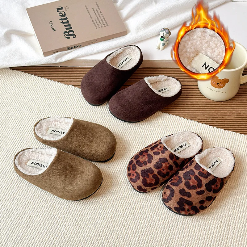Autumn Winter Kids Fleece Cotton Slippers for Boys Girls Warm Leopard Print Indoor Home Slippers