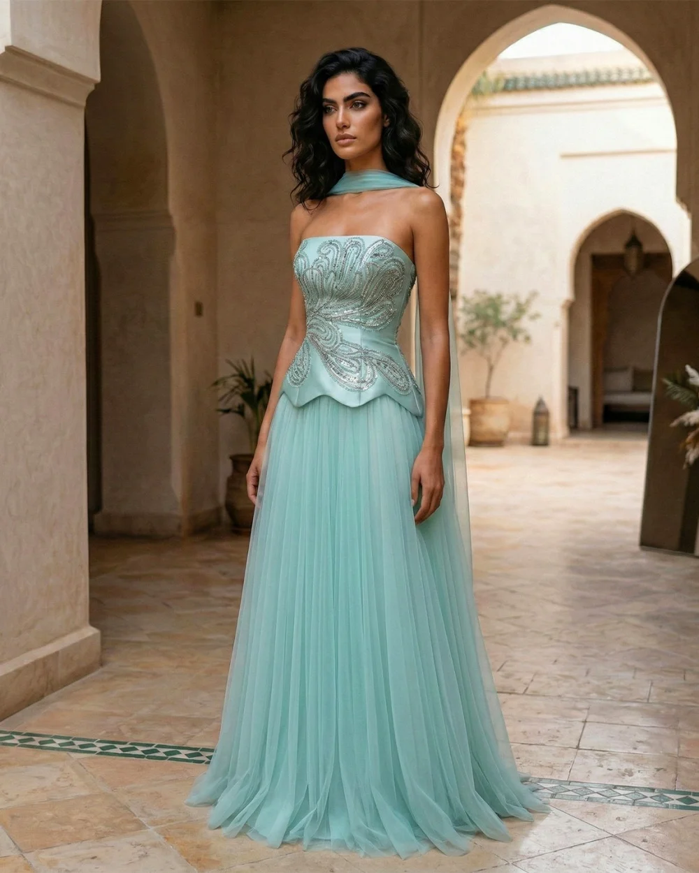 

Customized Sparkle Women Tulle Sequined Ruched A-Line Evening Dress Elegant Strapless Sleeveless Floor Lenght Vestidos De Fiesta
