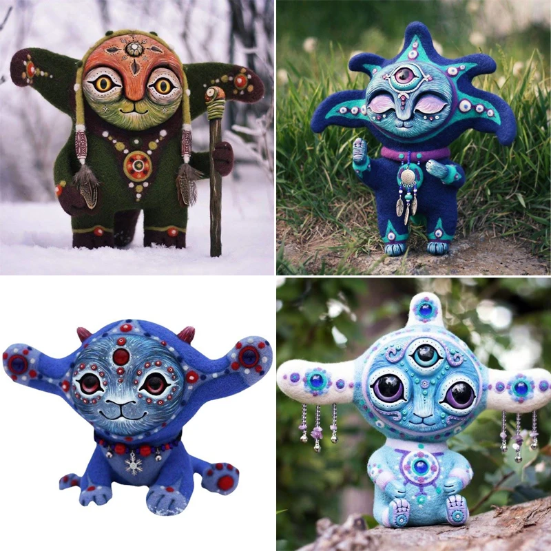 1pc Courtyard Garden Resin Statue Three Eyes Alien Statue Sculpture Fantasyland Creatures Ornaments Home Decor Elf Figurines