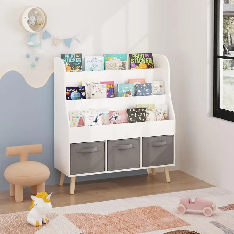 Bibliothèque pour enfants avec 3 bacs en tissu, organisateur d'affichage de livres en bois blanc pour les tout-petits et les enfants, support pour livres sur le devant avec