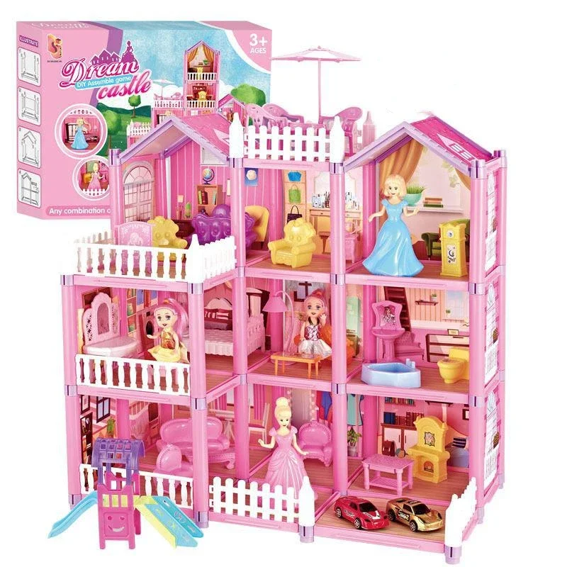 

Princess Big Villa DIY Dollhouses Pink Castle Play House With Slide Yard Kit Assembled Doll House Toy Birthday Gift Kitchen Item