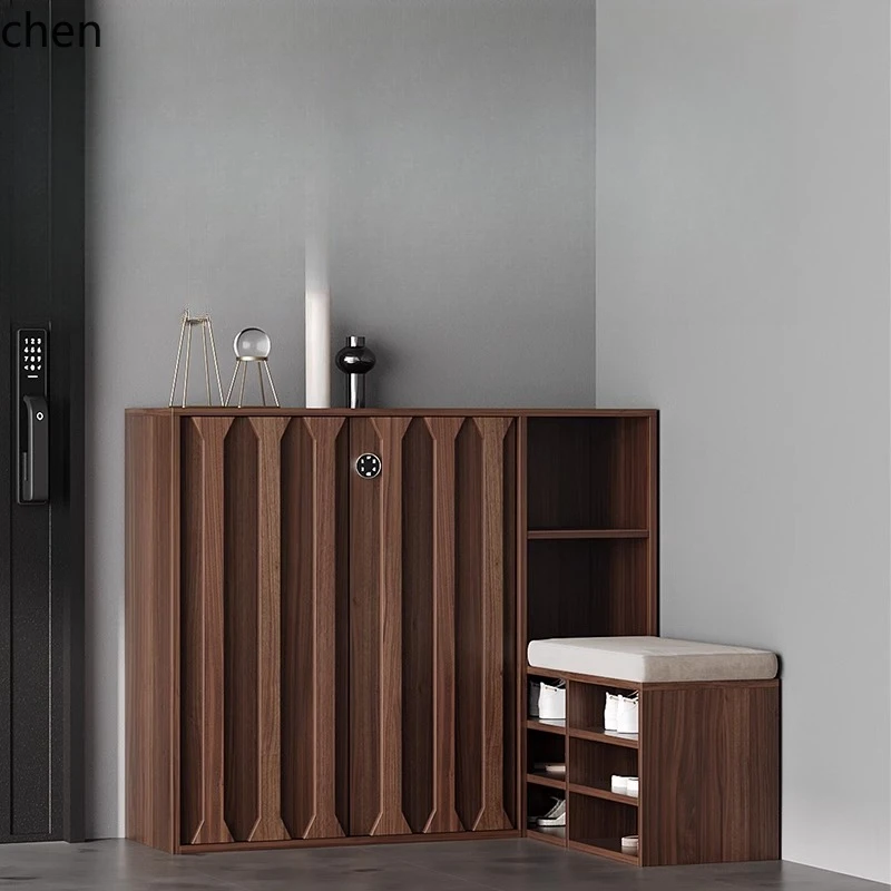 

HXL solid wood password lock shoe cabinet seat stool integrated entrance aisle corner locker