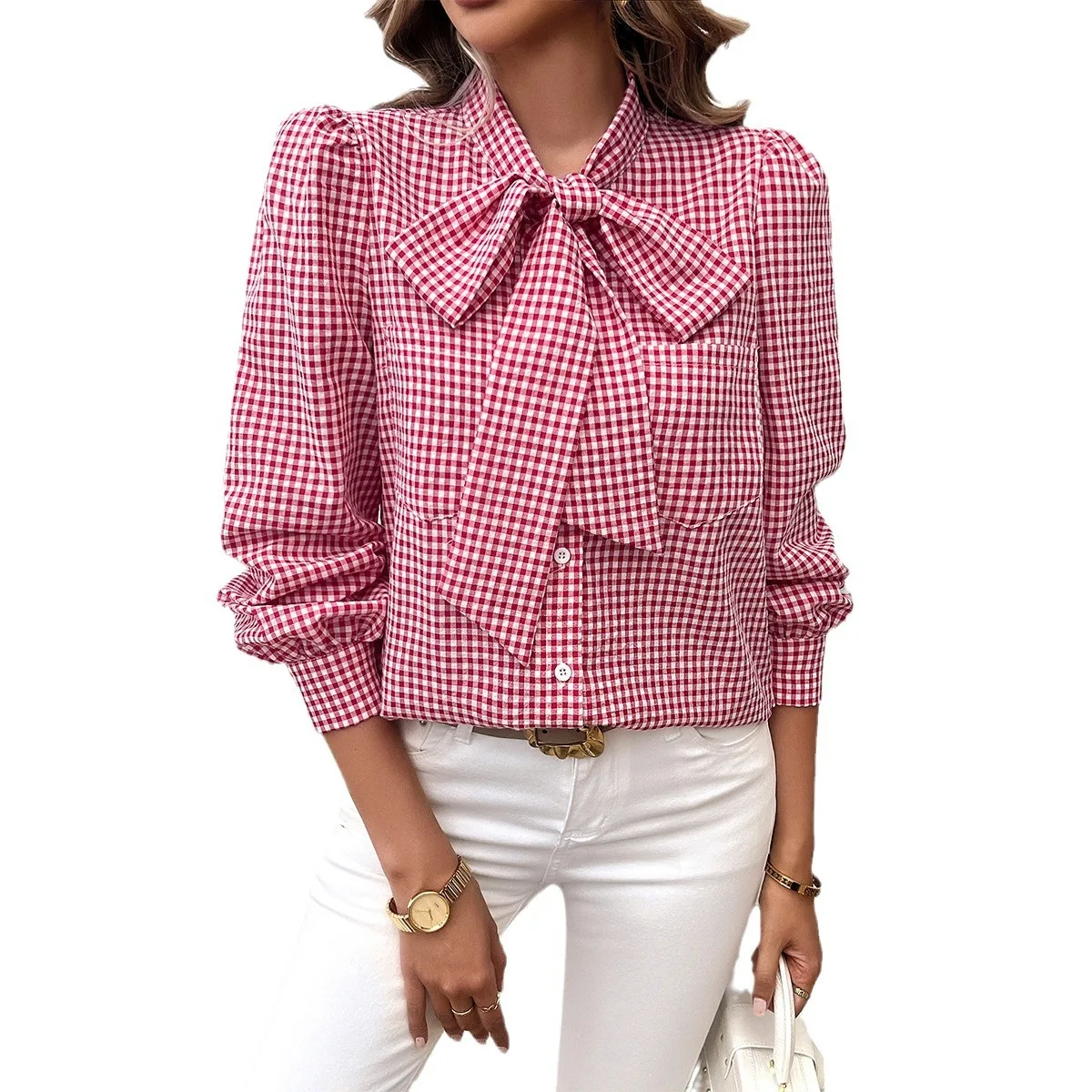 

Casual Contrast Color Long Sve Cardigan Plaid irt Small ids Women's Busin Thin Material Straight Cut Commute Sle
