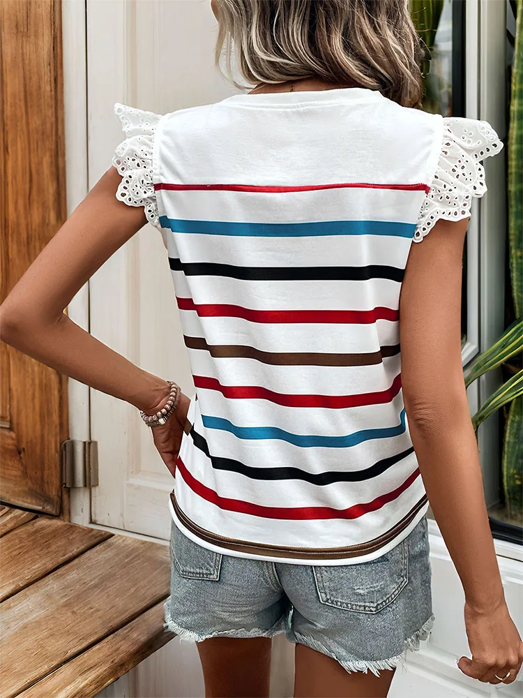 JIM & NORA Summer Europe and the United States ladies hot selling new color striped casual T-shirt lace patchwork basic blouse