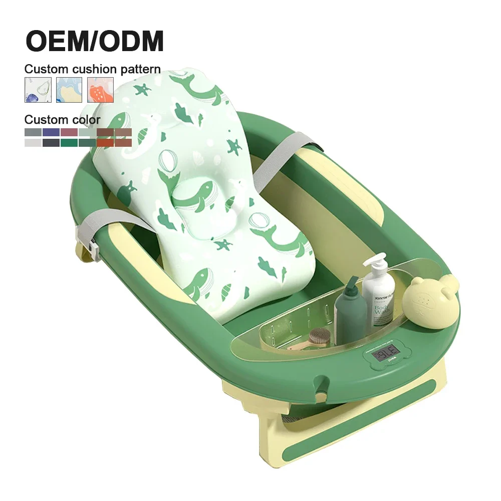 

Portable Durable Folding Plastic Collapsible New Born Baby Bath tub With Temperature Sensor Soft Cushion