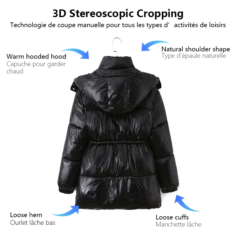 2025年冬新作レディース服、黒のミドル丈フード付きジップアップドローストリング付き暖かいコットンジャケット。