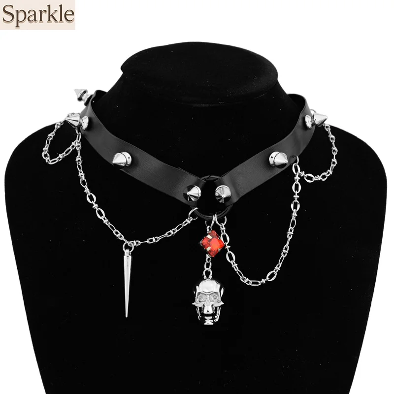 قلادة جلدية على شكل جمجمة داكنة، Y2K قلادة بانك شديدة التحمل ثقافة فرعية سلسلة الترقوة الحلوة المسامير القوطي نمط الشارع مجوهرات الرقبة #1