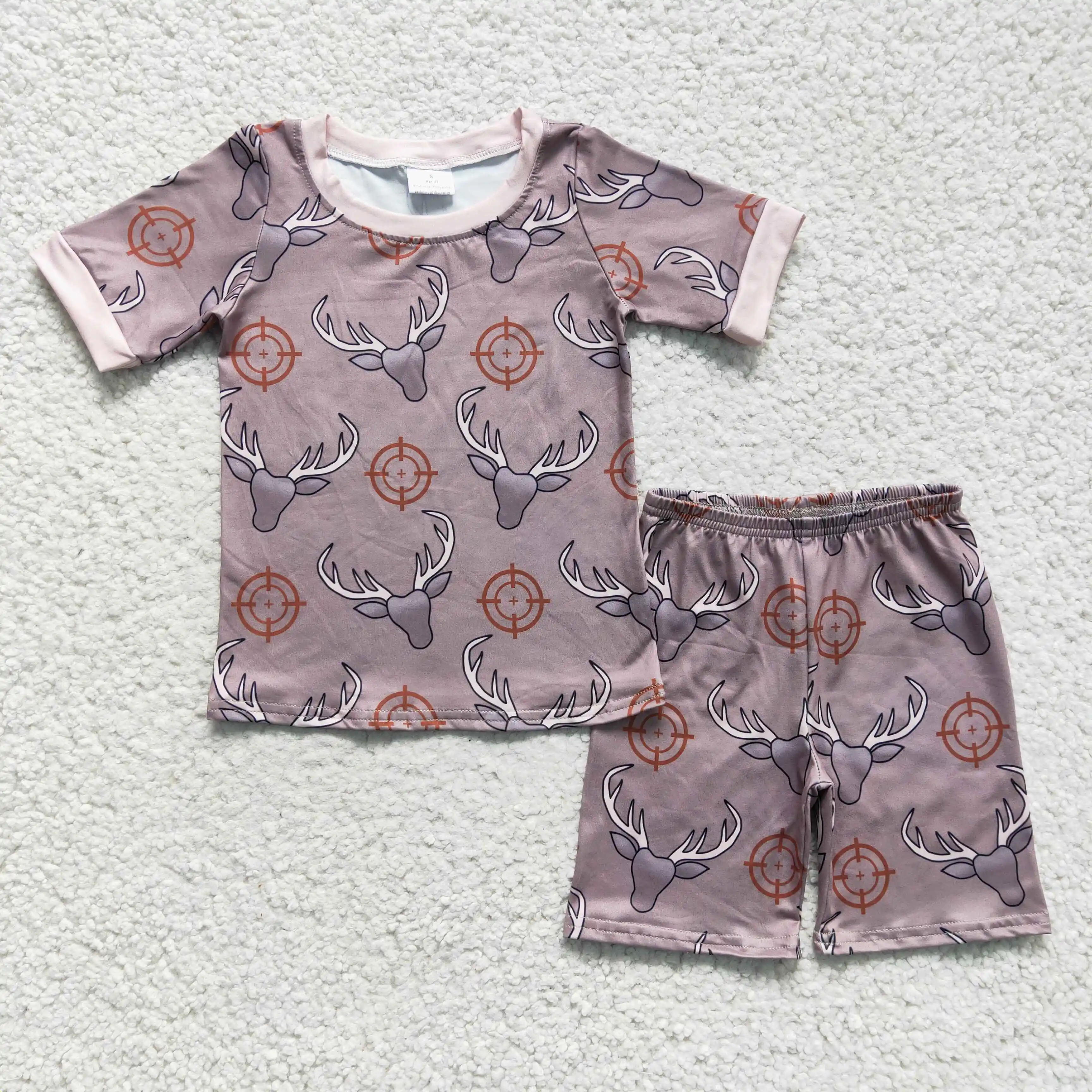 Newest Cute Girls Summer Short Sleeve Suit Brown Bull Head Print Wholesale Boutique Kids Clothes cute matching suit stocks