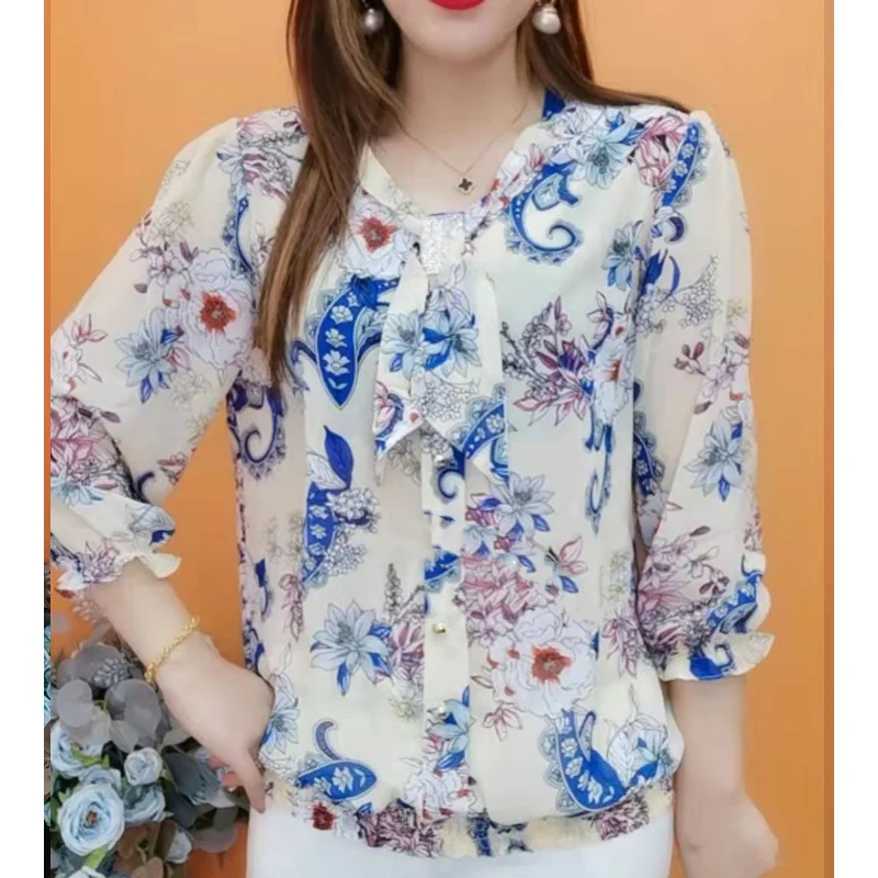 2023 Summer New Oversized Lace Trend Short Sleeve Women\'s Clothing Fashion Temperament Loose Bow Single-breasted Floral Blouse