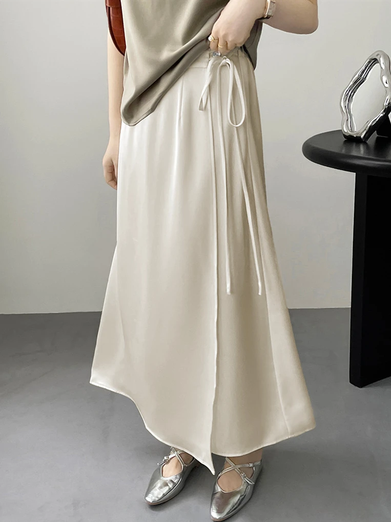 تنورة نسائية أنيقة على طراز إنجلترا من قطعة واحدة بأربطة من الساتان من الأسيتات الناعمة، تنورة طويلة أنيقة للخريف للسيدات بمقاس كبير