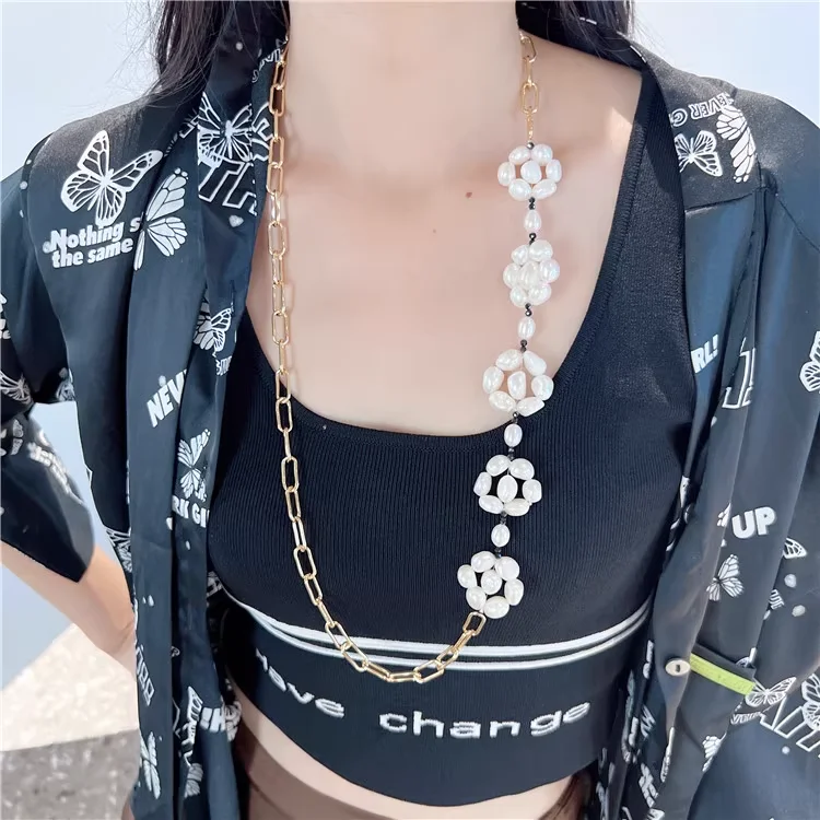 New Natural Pearl  Flower Long Chain Necklace Simple Lady Gifts