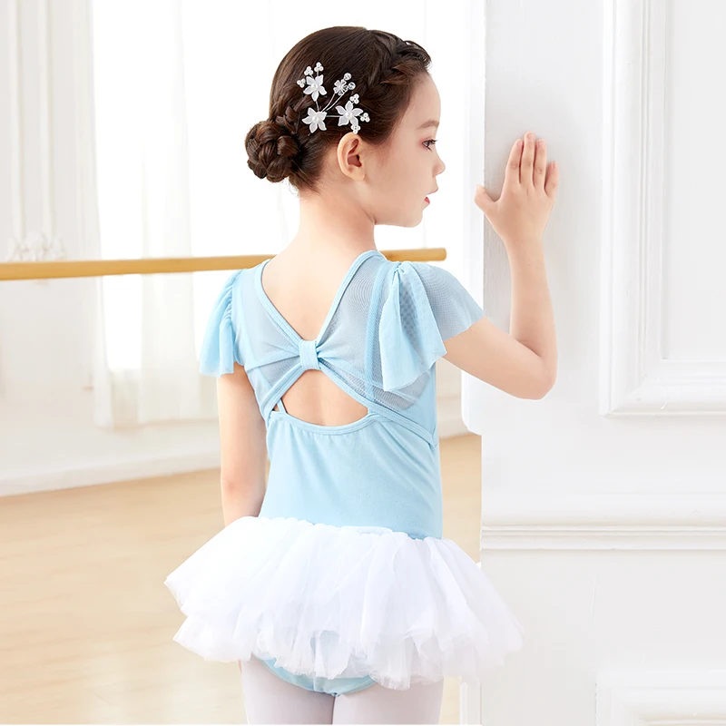 Girls Ballet Dress Short Sleeve Ballet Leotard Gymnastics Leotards Ruffles Smocked Training Leotard Two-Pieces Dancing Bodysuit