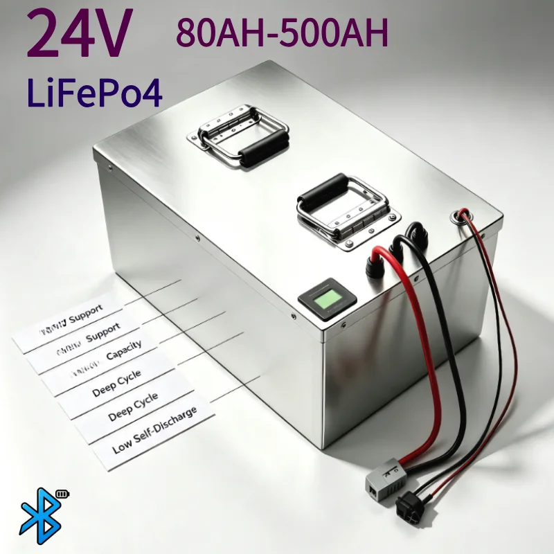 24V 100Ah-400Ah LiFePO4 Deep Cycle Energy Storage Box, Built-In Intelligent BMS Rechargeable Lithium Battery for RV, Boat, Yacht