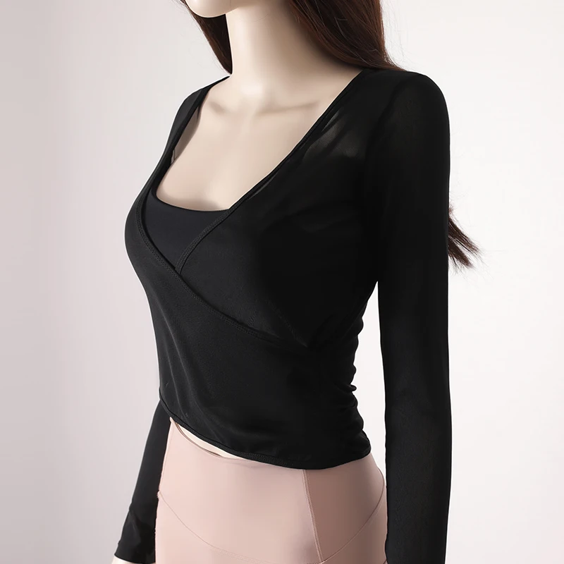 New Style Women\'s Cross Long Sleeve Running Tops Fall Side Waist Wrinkled Bra Padded Exercise Yoga T-shirt