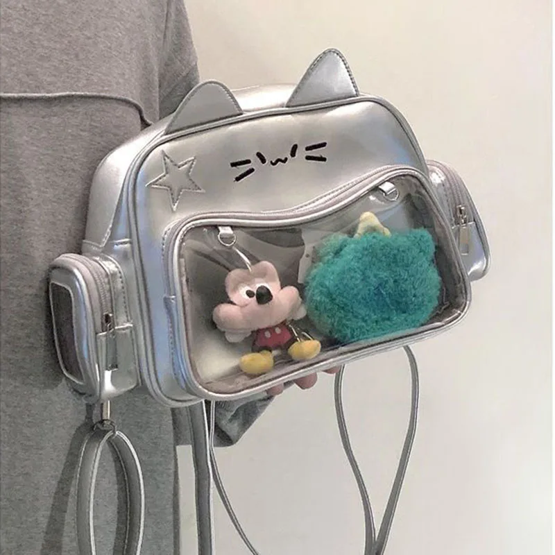 Y2K giappone argento gatto zaino carino Ita borse a tracolla dolce ragazza tasca trasparente borsa da viaggio donna borsa a tracolla Mochilas