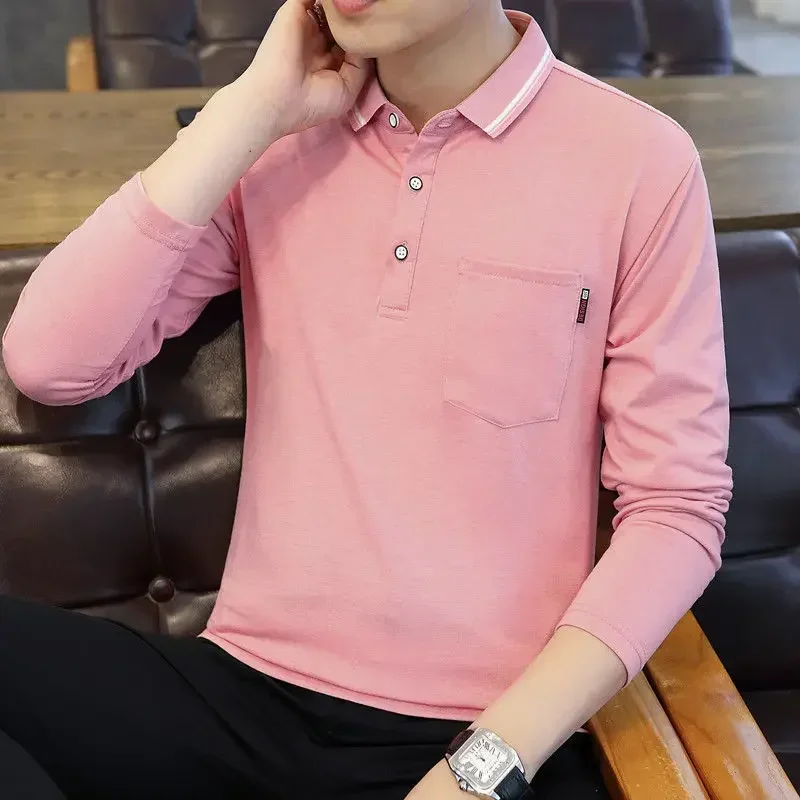 T Polo Shirt For Man Green Pocket Men's Clothing Buttoned Top Regular Fit Cotton F High Quality With Korean Style It One Piece