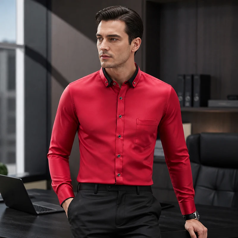 New Man Business Smart Dress Shirts Long Sleeve Patchwork Collar Spring Autumn Wrinkle Free Top Clothing Fashion Streetwear