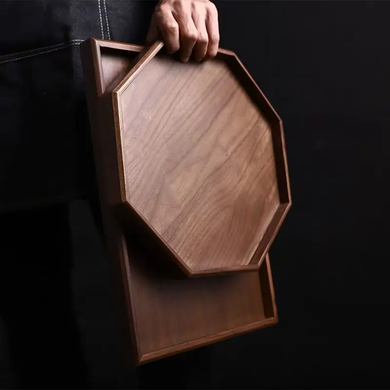 Black Walnut Wood Octagonal Tray Solid Wood Tea Tray  Coffee Cup Fruit Snack Plate Hotel Restaurant Food Storage Wooden Tray