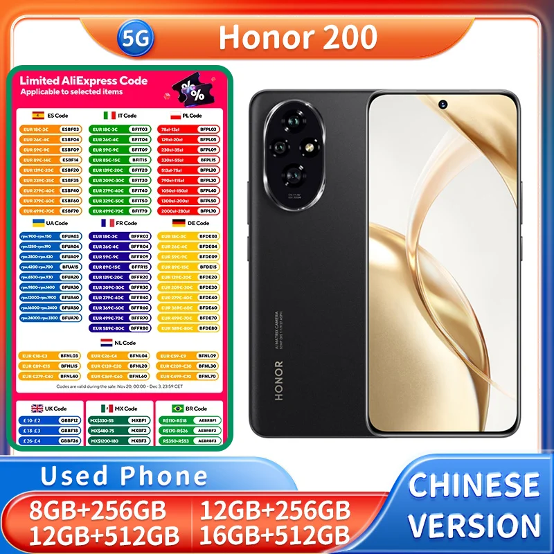 كاميرا Honor 200 5g 2664x1200px 6.7 بوصة 120 هرتز 50 ميجابكسل Snapdragon7 Gen3 NFC 100 وات شحن 5200 مللي أمبير في الساعة هاتف مستعمل