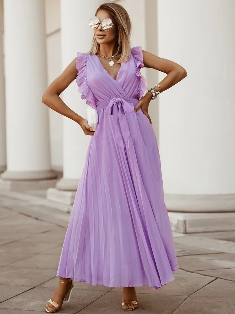 

Fashion Elegant Solid Color Pleated Dresses Women V-neck High Waist Leace-up Ruffled Sleeves Chiffon Long Dress Female Vestidos