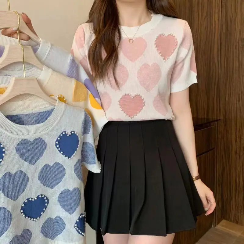 Sweet Elegant Women Knit Top O-Neck Short Sleeve Pullover Summer Casual T-Shirt Korean Office Lady Pearl Splice Love Home wear