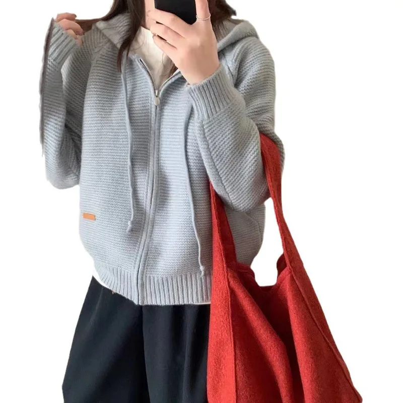 FANAN Colorful Hooded Sweater Jacket For Women's Autumn And Winter Fashion Simple Double Zipper Knitted Cardigan Top Thin Jacket