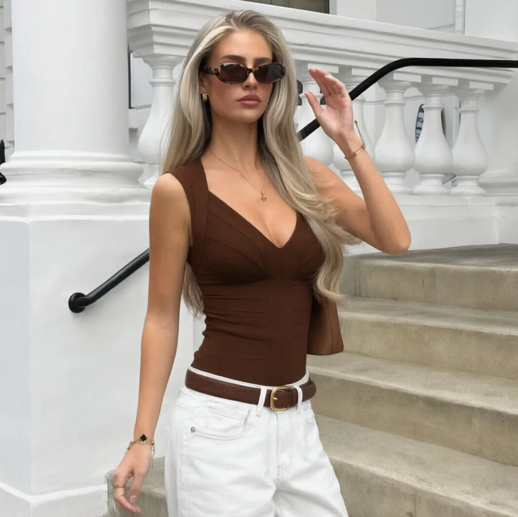 Sexy Pink Bandage Deep V-neck Top Striped Sleeveless Waist Cincher Bodycon Vest Trendy Vacation Party Streetwear Dating Crop Top