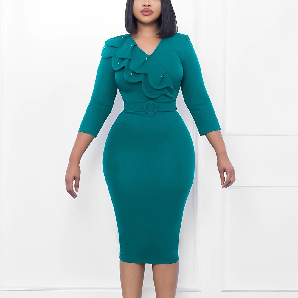 

Elegant Bodycon Dresses Falbala for Women V Neck Full Sleeve Belt Waisted Solid Package Hips Mid Calf Formal Business Work Dress