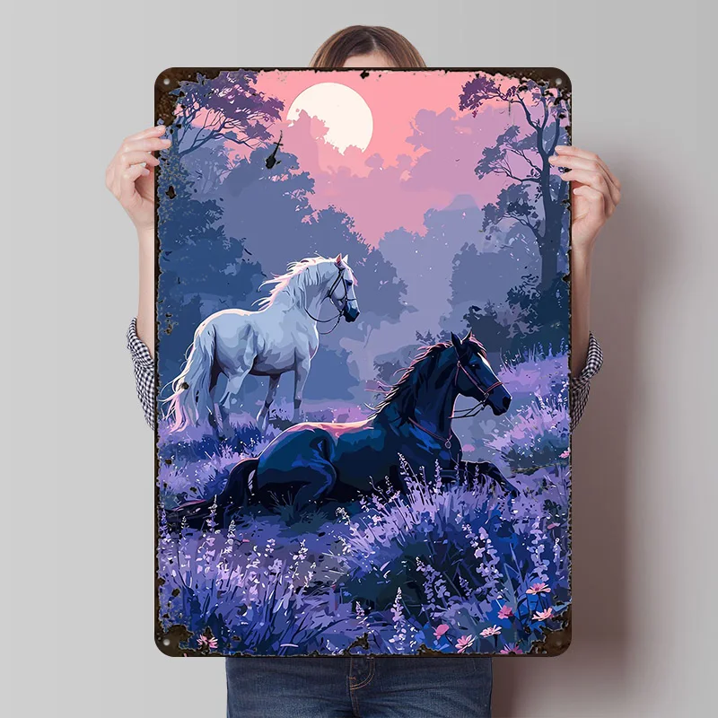 Horses in Lavender Field At Night Metal Poster Bedroom Decoration Gaming Customizable Metal Tin Signs for Wall Art Decoration