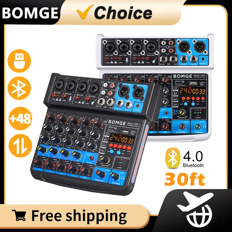 BOMGE 6 Channel 24 DSP Mini DJ Audio Sound Mixer Interface with MP3 USB Bluetooth Stereo Recording 48V Phantom Power for Karaoke