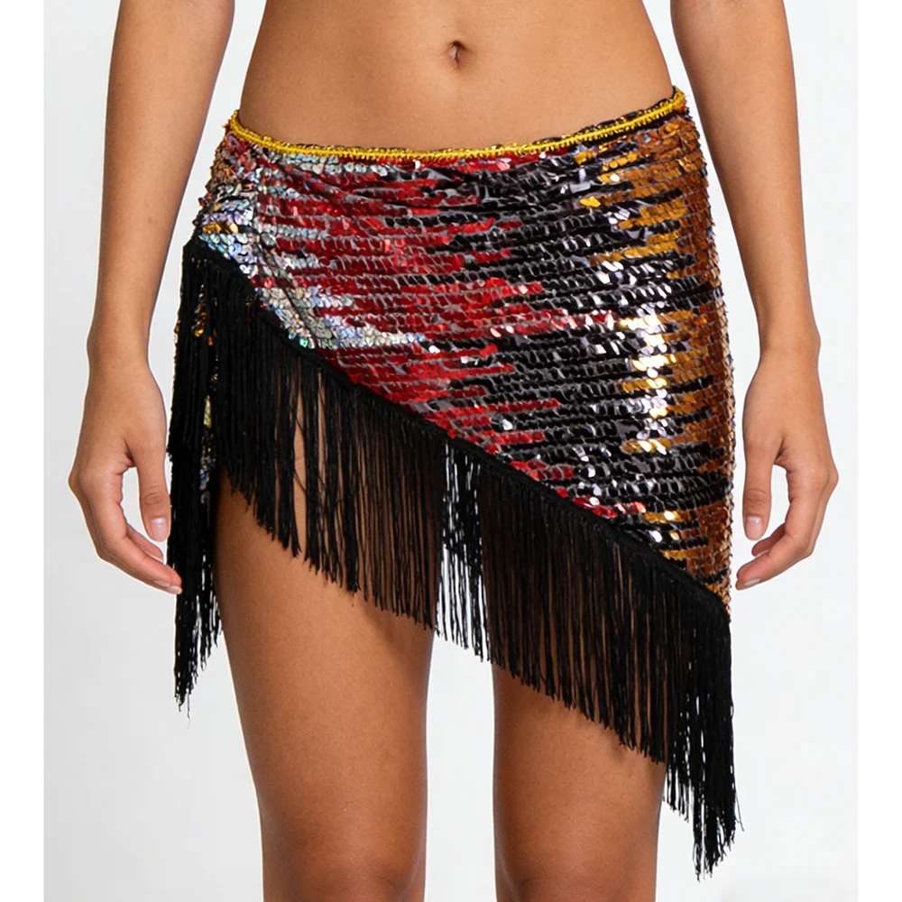 Women's Sequins Belly Dance Hip Scarf with Tassels & Gradient Triangle Lace-Up Skirt view 2