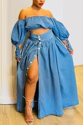 Plus Size Women's Casual Off The Shoulder Split Button Two Pieces Demin Skirt Set Lantern Sleeve Vintage Crop Top Matching Set