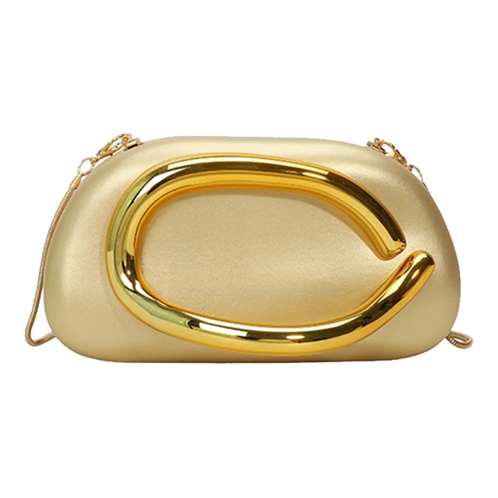 Fotografia 5: Bolsa feminina de couro pu com alça de metal e corrente, decoração de metal, bolsa de noite, bolsa de mão de ombro para jantar à noite