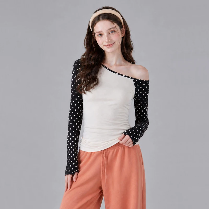 Women Polka‑Dot Contrast Raglan Crew Off‑Shoulder Slim‑Fit Fall Top Slightly‑sheer Long‑Sleeve T‑shirt