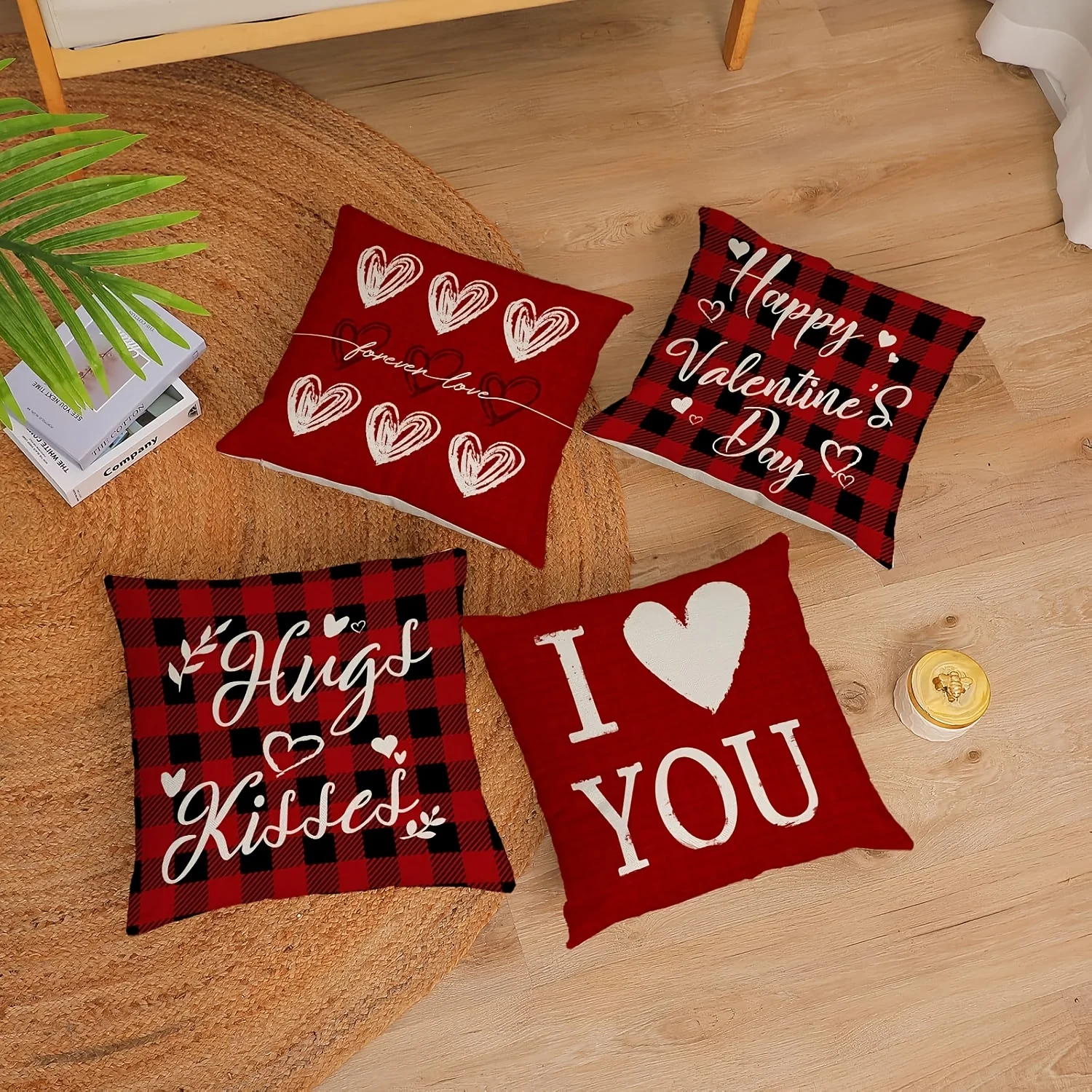 4-Pack Valentine'S Day Pillow Covers, Red Black Love Heart Design Contemporary Zippered Polyester Cushion Cases