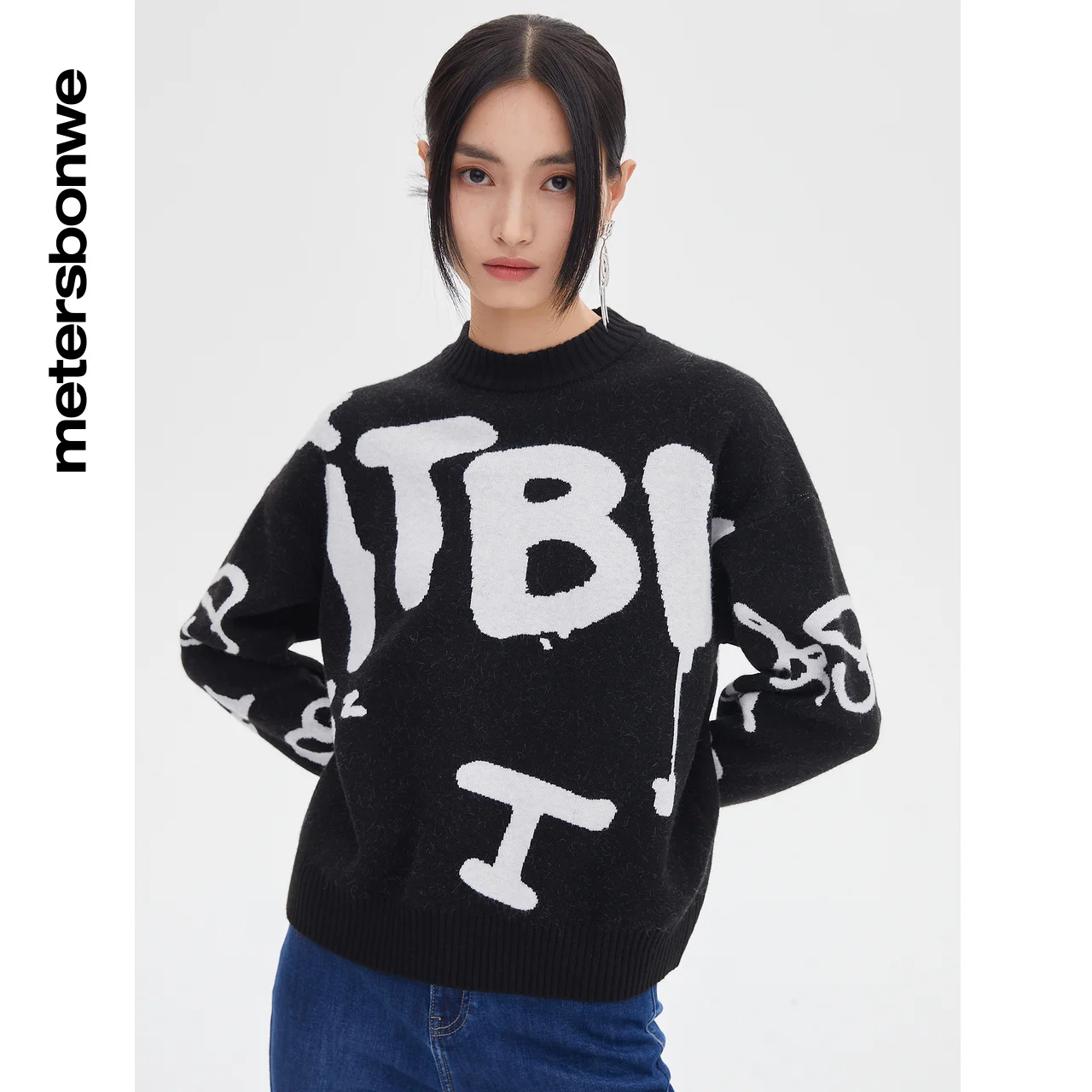 

Metersbonwe-Women's Color Clash Letter Jacquard Sweater Jumper Round Neck Loose Pullover Playful Comfortable Soft Spring Autumn