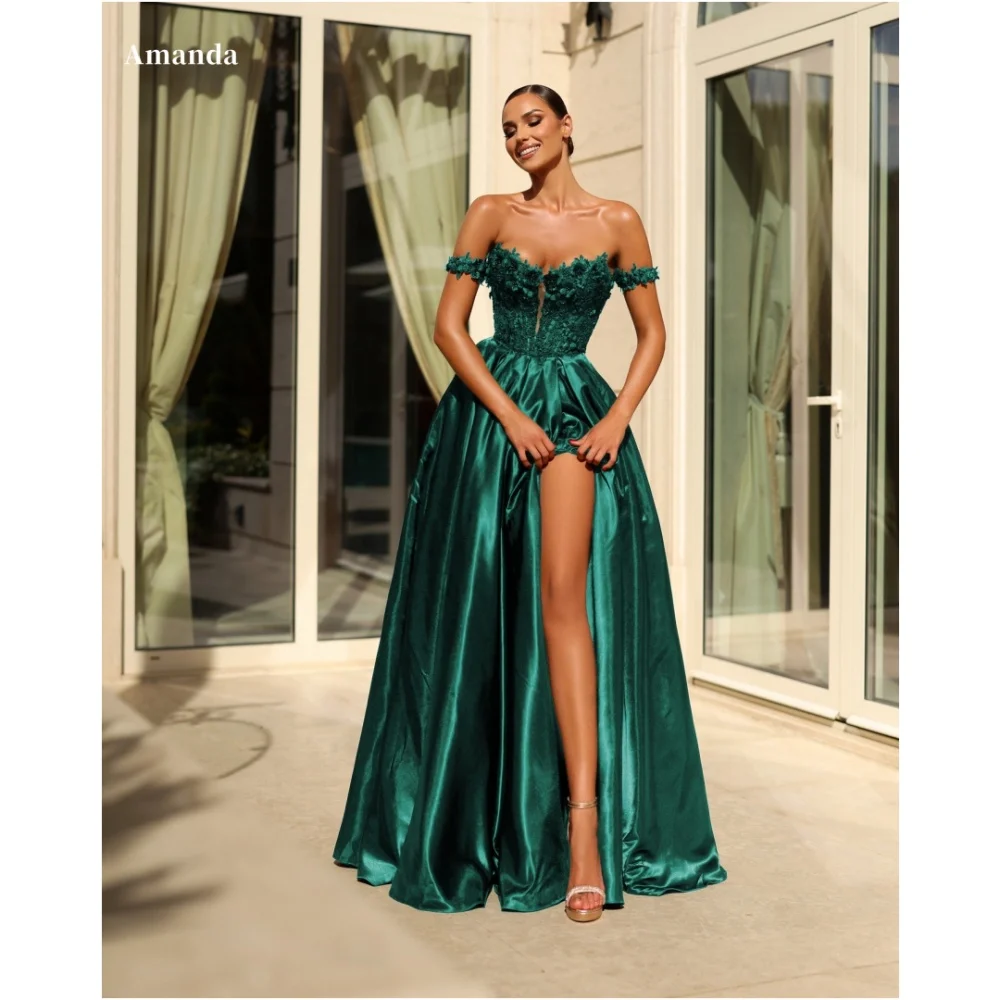 

Amanda Customized 3D Flowers Off the Shoulder Side Slit Satin A-line vestidos de fiesta Floor-Length Wedding Dress