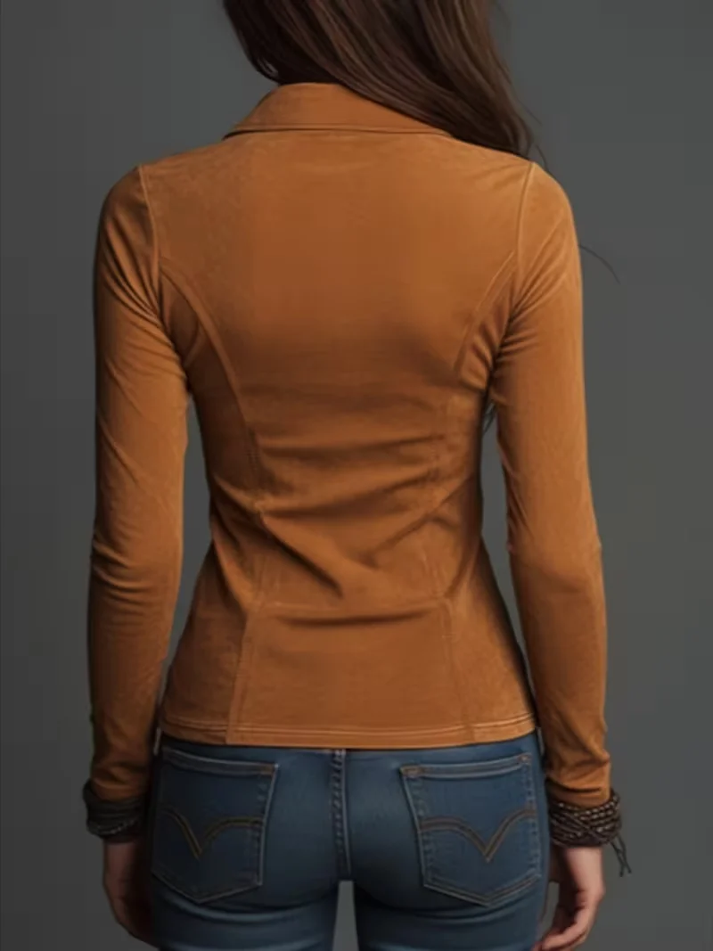 Women's Slim Fit Lapel Shirt, Multi-Color Zipper Closure, Cargo Pockets, Waist Cinching, Fashion Sexy Top for Dating and Commute view 4