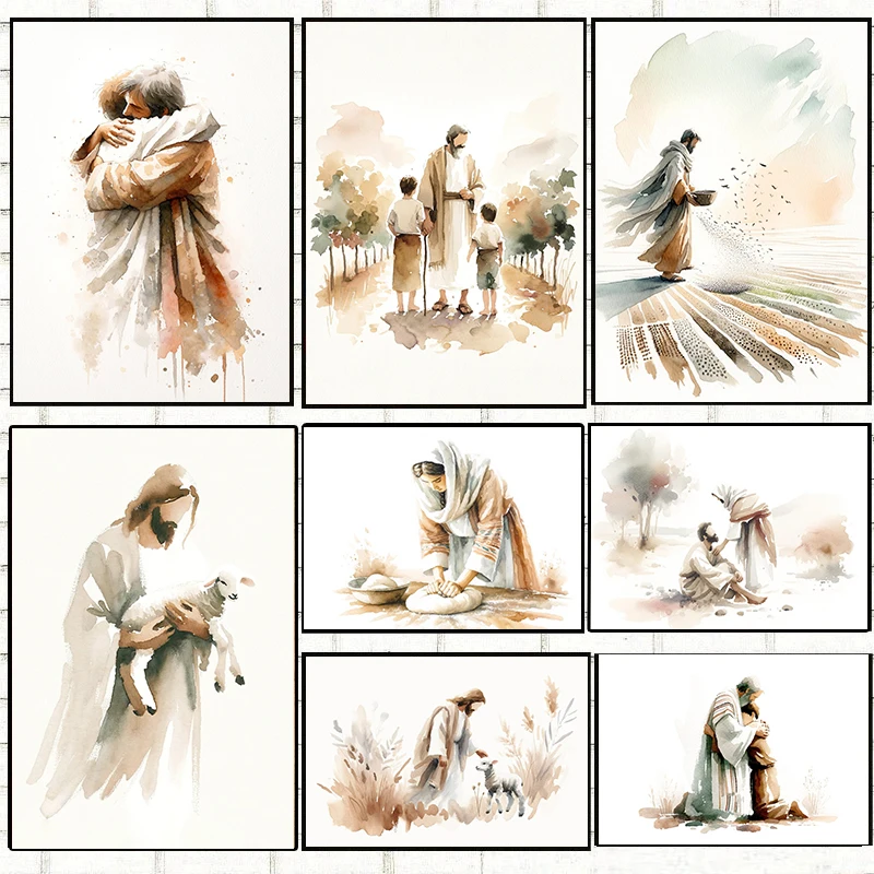 Watercolor The Fables of Jesus Poster The Lost Sheep Sower Prodigal Leaven Canvas Painting Christian Wall Art Picture Home Decor