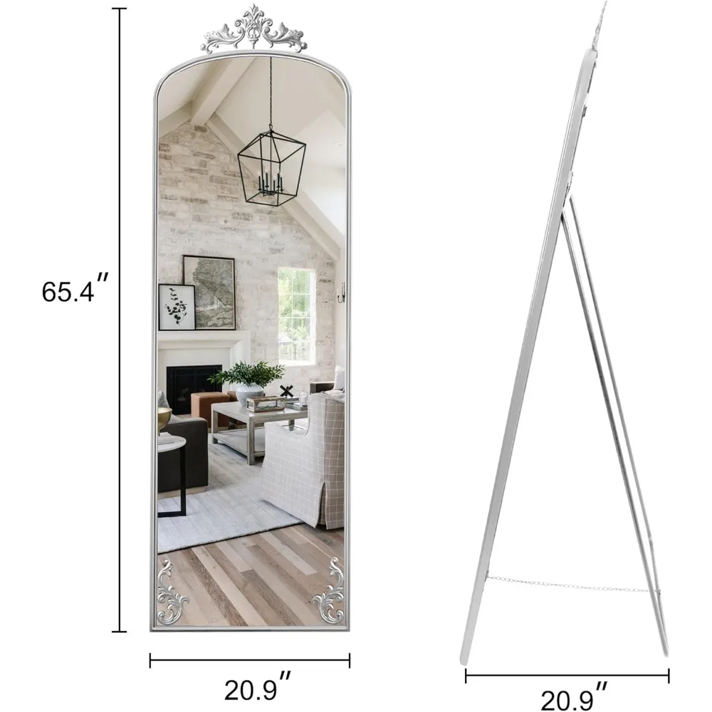 Full Length Mirror with Stand, Full Body Floor Mirror with Silver Carved Decor, Arched Standing Mirror Hanging or Leaning