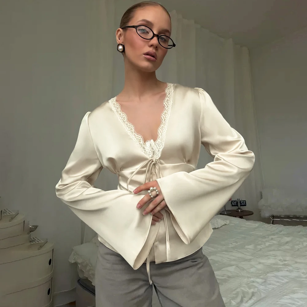 

Ticketsx Women's Elegant Lace Tops Fashion Satin Button Lace Up Patchwork Long Sleeve Tops Vintage Vacation Commute Female Tops