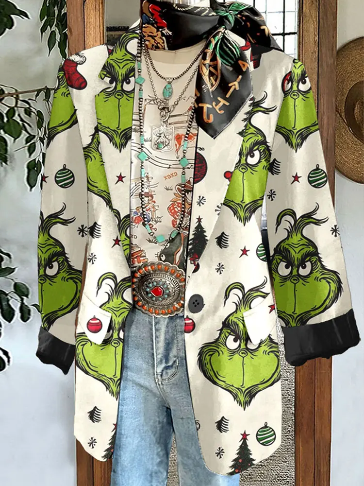 Funny Christmas Print Blazer Long Sleeve Jacket