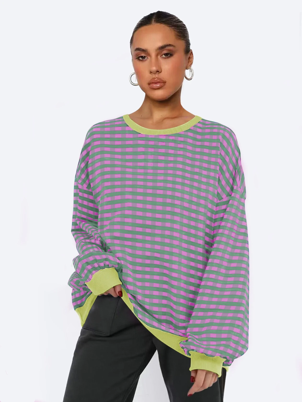 New Women'S Checkered Sports Shirt  Contrasting Long Sleeved Round Neck Oversized Casual Loose Sweatshirt Pullover